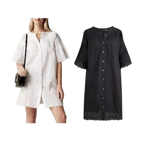 J.Crew SzL Eyelet Long Sleeve Poplin Cotton Poplin Mini Dress Sz L Button Front - Picture 1 of 12